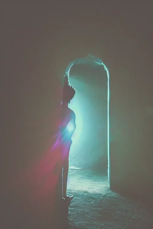 Image similar to kodak portra 4 0 0 photograph of a skinny guy looking into a otherworldly portal, flower crown, back view, vaporwave colors, grain, moody lighting, moody aesthetic,