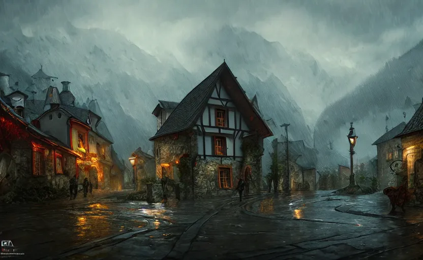 Prompt: extreme long shot concept art depicted rainy old austrian village, high details, dramatic mood, deep environment, art by legends of runeterra and tomasz jedruszek, trending on artstation, unreal engine, 8 k, 4 k