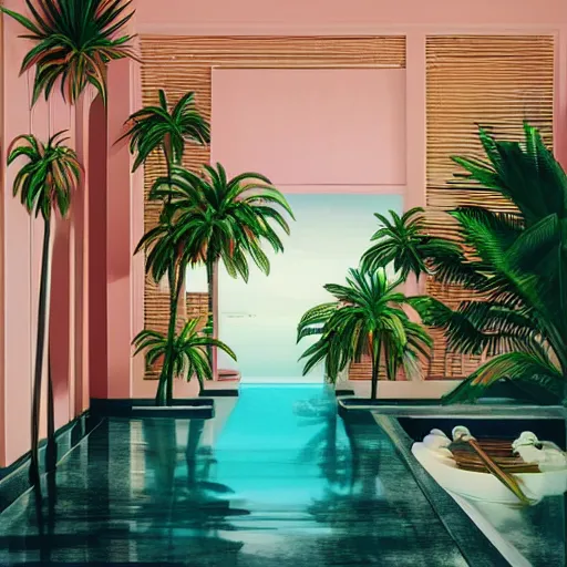 Prompt: indoor liminal space, golden light, palm trees, pink door, minimalistic, hyperrealistic surrealism, award winning masterpiece with incredible details, epic stunning, infinity pool mirrors, a surreal vaporwave liminal space with mirrors, highly detailed, trending on artstation, artgerm and greg rutkowski and alphonse mucha, daily deviation
