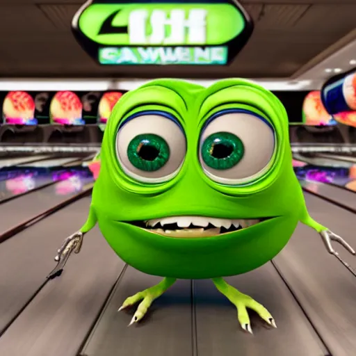 Prompt: A photo of Mike wazowski sat in a rack inbetween bowling balls at the bowling alley, photorealistic, 4k