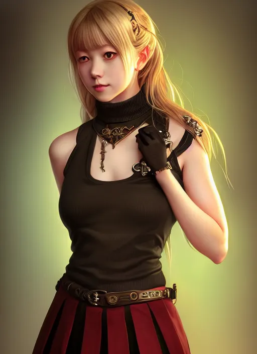 Image similar to portrait of a full body of beautiful young female detective, d & d, sleeveless turtleneck, pleated skirt, fantasy, flat lighting, intricate, highly detailed, digital painting, artstation, concept art, smooth, sharp focus, illustration, misa amane, art by simon bisley and greg rutkowski and alphonse mucha, natural tpose