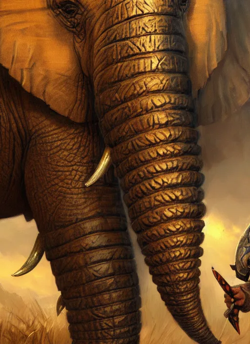 Image similar to portrait of two armored war - elephants, asian elephant, fight scene, closeup portrait, historical, ethnic decoration, elegant, loin cloth, highly detailed, oil painting, artstation, concept art, matte, sharp focus, illustration, hearthstone, art by earl norem