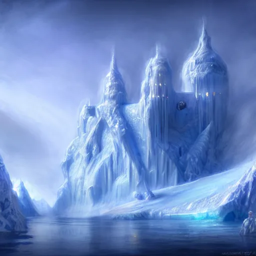 Prompt: beautiful ice kingdom by james gurney, matte painting, artstation, concept art