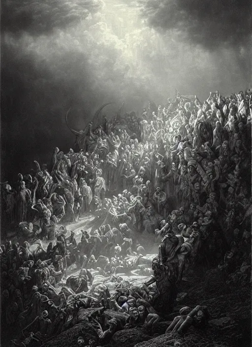 Prompt: hell, epic scene, photorealistic, highly detailed, texture, soft light, dramatic, moody, ambient, painting by gustave dore