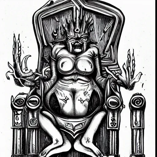 Prompt: a person sited in a throne, surrounded by your other personalities, by ed ( big daddy ) roth h 7 6 8