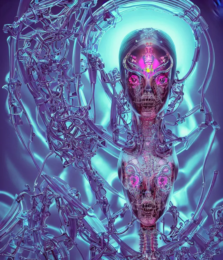 Image similar to fully symmetrical centered iridescent portrait of a beautiful princess demon in robe. skulls artificial muscles, ribcage, bones, hard surface modelling. cyberpunk look. biomechanical mask. bio luminescent biomechanical halo around head. neon jellyfish. artwork by jarold Sng by artgerm, by Eddie Mendoza, by Peter mohrbacher by emil melmoth, by zdzislaw beksinski, unreal engine, octane render, cinematic light, high details, iridescent colors, dichroic, macro, depth of field, blur