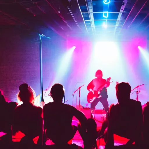 Image similar to 6 people sitting in circle, a fire in the middle in the floor of a small stage of a band, drummer is there behind them. red neon lights good mood, nice ambience singing