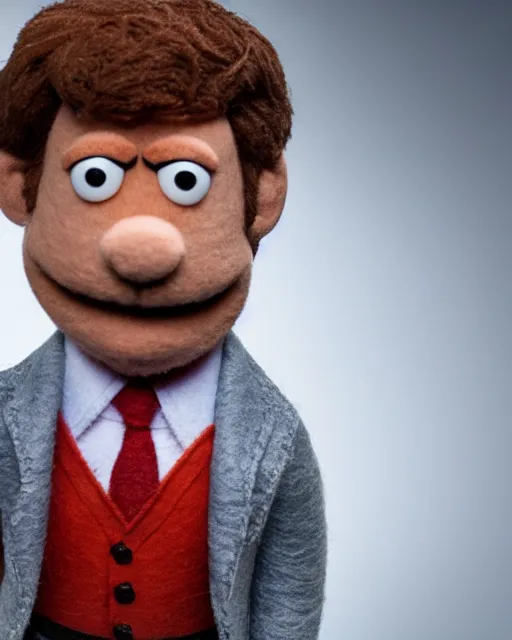 Image similar to jim halpert as a muppet. highly detailed felt. hyper real photo. 4 k.