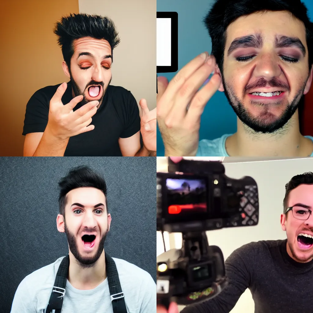 Prompt: A photograph of a YouTuber making a thumbnail face, because he is super excited.