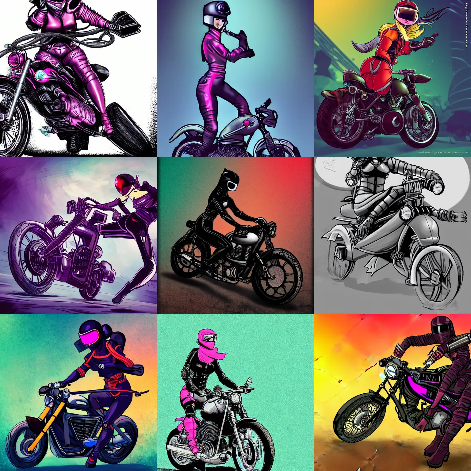 Prompt: Female ninja riding a motorbike, synthwave, dieselpunk