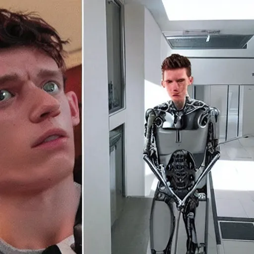 Image similar to “a realistic detailed photo of a guy who is the terminator robot, who is a male android, Tom Holland, shiny skin, posing like a statue, blank stare”