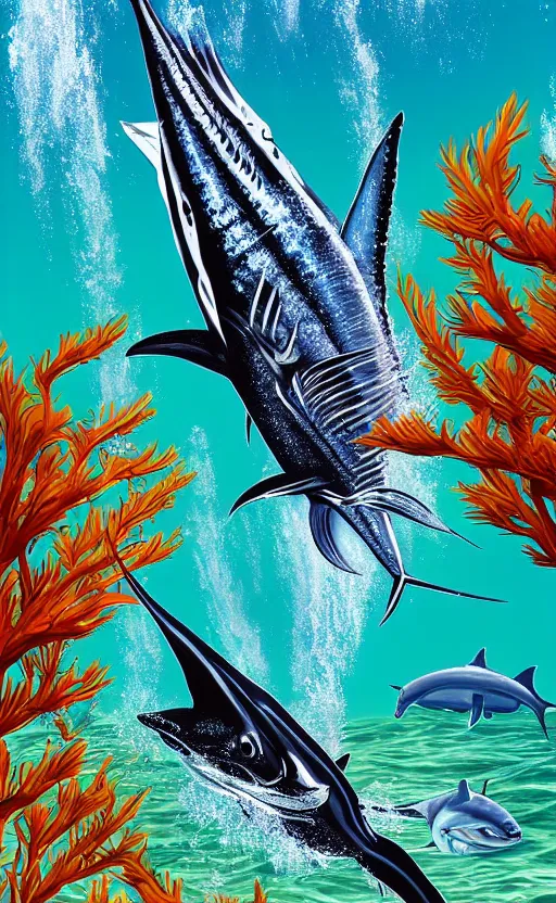 Image similar to an underwater photograph of a Pacific sailfish chasing bait fish while a shark is watching in the background, in the style of Guy Harvey, insanely detailed, digital art