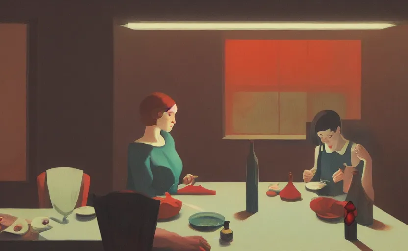 Image similar to a mysterious dimly lit dinner scene illustration by atey ghailan and escher and edward hopper, surreal