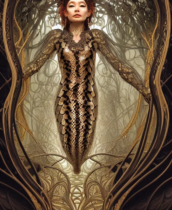 Image similar to intricate ornate opulent transparent clear see - through portrait of a scary beautiful snake, fractal, recursive, procedural, jungle environment, ultra realistic, concept art, art nouveau, photorealistic, octane render, 8 k, unreal engine. art by nori inoguchi and sam kaplan and zachary goulko and christopher marley and artgerm and alphonse mucha