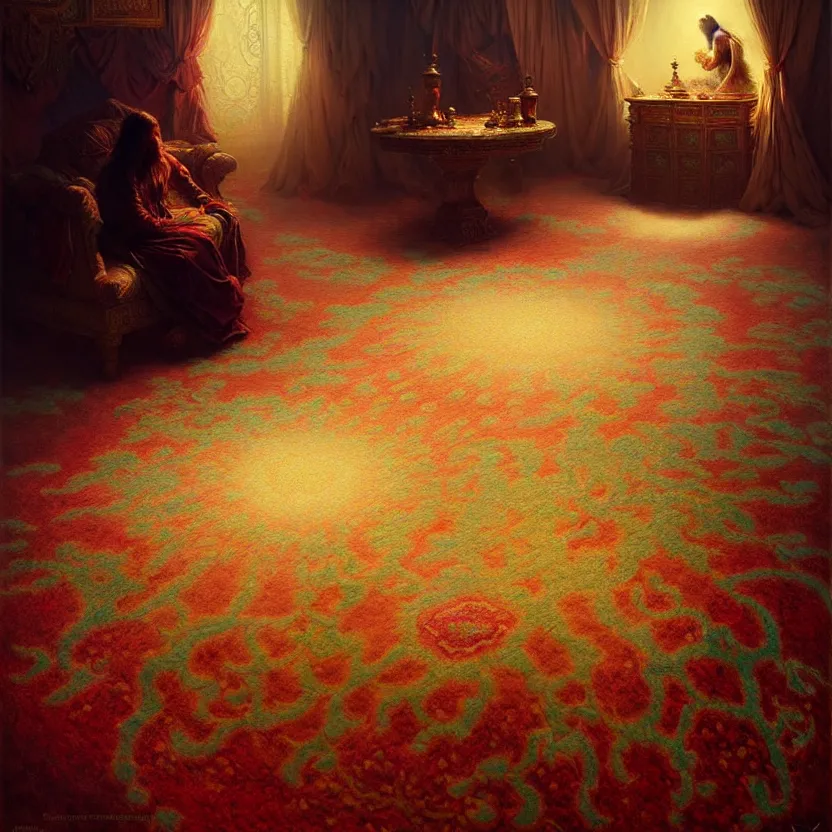 Prompt: magic fluffy Persian carpet & mirror dimension, by Greg Rutkowski and Gaston Bussiere, dim lighting, beautiful volumetric-lighting-style atmosphere, surreal atmosphere, intricate, detailed, photorealistic imagery, artstation