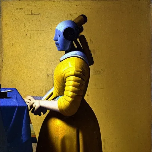 Prompt: Oil painting of an artificially-intelligent android in the style of The Astronomer by Johannes Vermeer, 1666, highly detailed