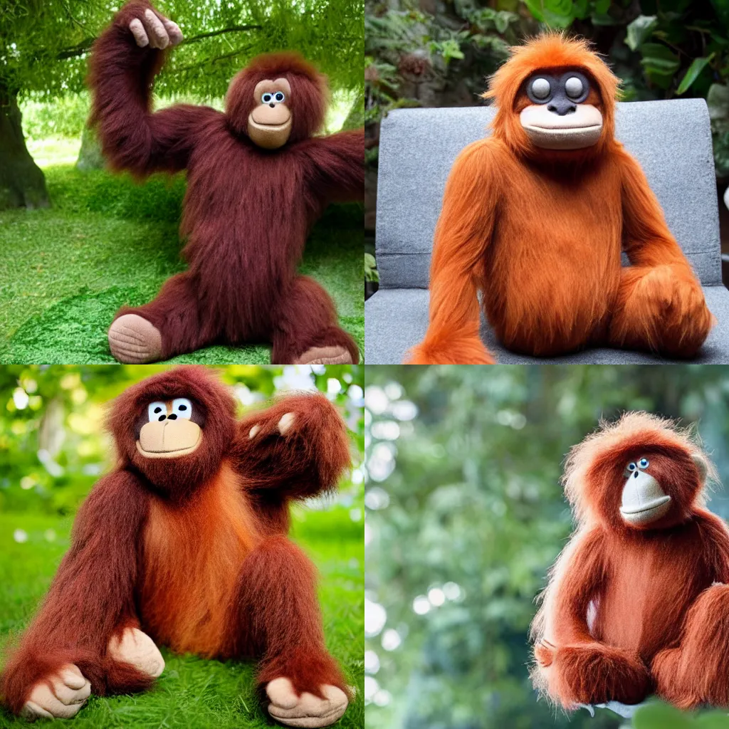 Prompt: a fluffy and hairy orangutan plush presenting its new album