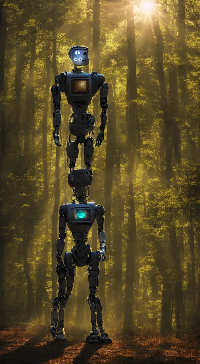 Image similar to a robot portrait in a movie, forest, cinematic shot, sun beams