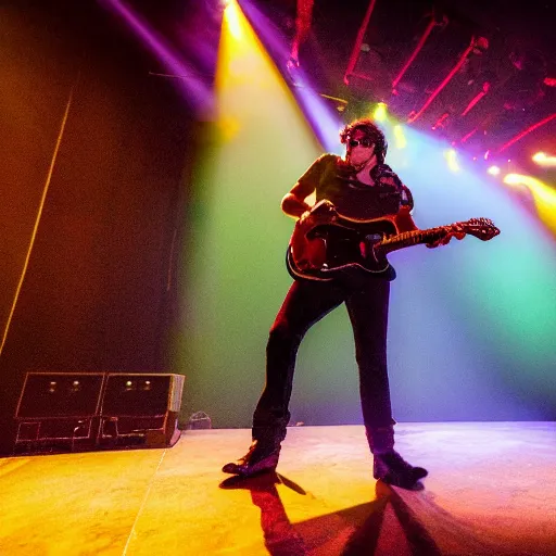 Prompt: a rock and roll concert, lead guitarist playing a guitar solo, dramatic lighting