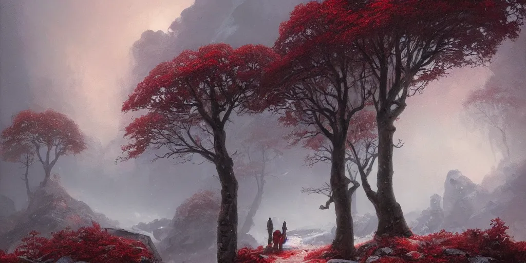 Image similar to A beautiful oil painting of a rocky valley covered in snow, trees with red leaves, thunderstorm in the sky, blue lighting, gloomy, atmospheric lighting, detailed, by greg rutkowski, trending on artstation