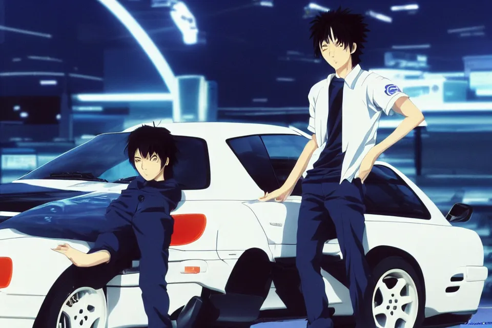 Image similar to aesthetic illustration of very serious ryosuke takahashi with black hair wearing a dark blue shirt and white pants stands leaning with one leg on his white mazda rx 7 on an empty gas station at dusk, initial d anime 1 0 8 0 p, detailed anime face, high detail, 9 0 s anime aesthetic, volumetric lights, unreal engine 5 render, pinterest wallpaper,