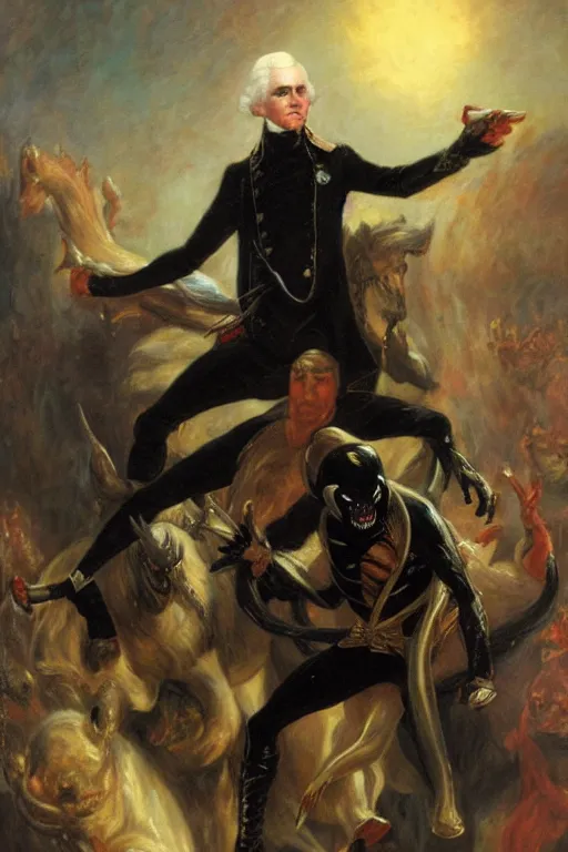 Image similar to george washington infected by the venom symbiote. art by gaston bussiere.