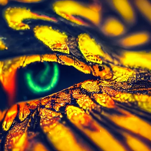 Prompt: fiery eyes in a photorealistic macro photograph, shallow DOF, wild