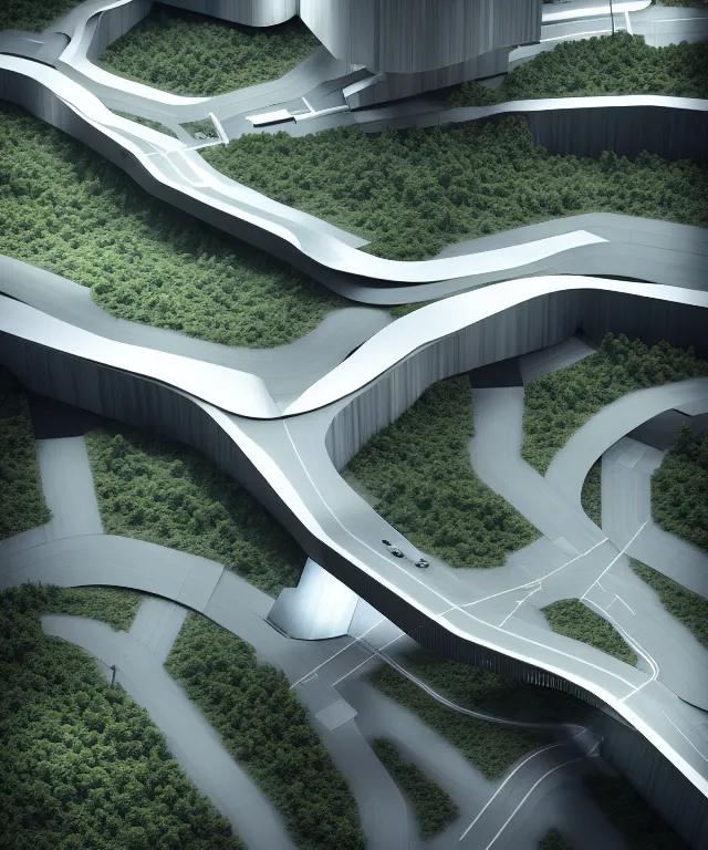 Image similar to denis villeneuve establishing shot of modern bjarke ingels condo building and gotthard tunnel entrance combined, roads tunnel under bjarke ingels condo building, lush nature environment, beautiful lighting, scifi artstation digital concept art, unreal engine, hyper realism, realistic shading, cinematic composition, blender render, octane render, wide shot