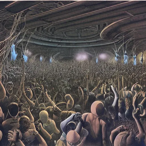 Prompt: boiler room, rave party, crowd, by roger dean