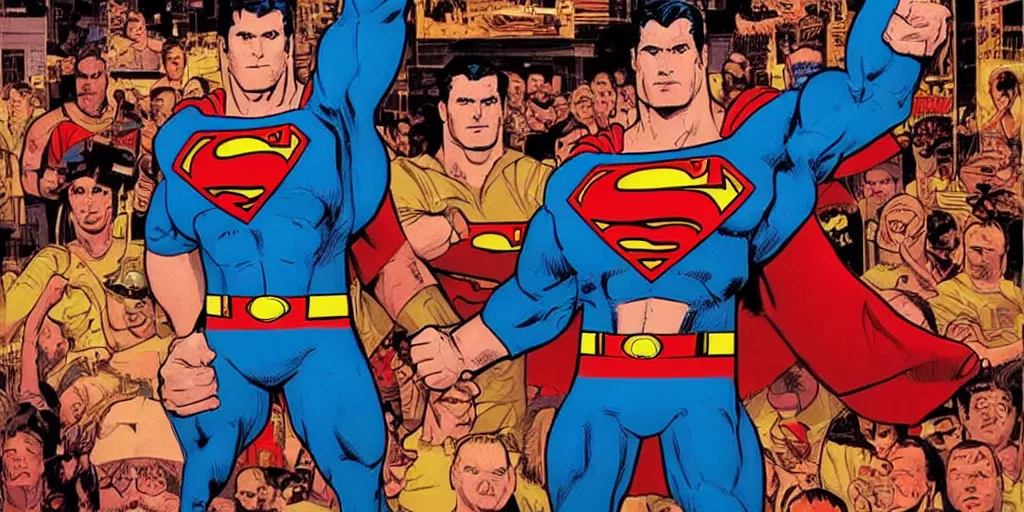 Image similar to Mall-cop arm-wrestling superman. Epic painting by James Gurney and Laurie Greasley.