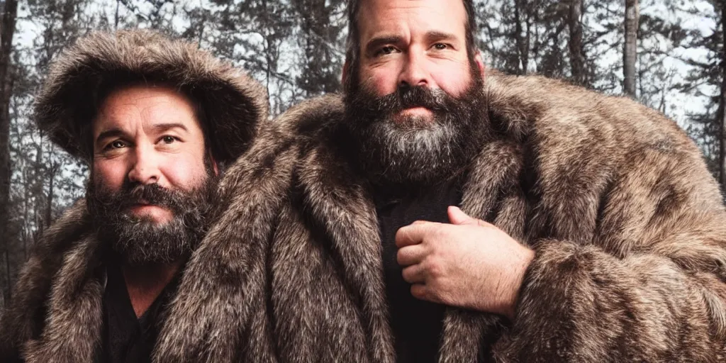 Prompt: a middle - aged burly lumberjack with a beard, dark hair, wearing a fur coat