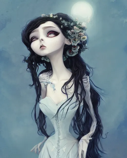 Image similar to elegant mysterious solemn zombie victoria everglot from the corpse bride, portrait, illustration, rim light, top light, summer clear blue sky, perfectly shaded, soft painting, art by krenz cushart and wenjun lin