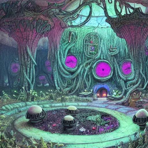 Image similar to concept art painting of a interior of a fungal circular alien fantasy fairytale house made of mushrooms, with black vines, realistic, detailed, cel shaded, magenta and gray, dark, in the style of makoto shinkai and greg rutkowski and james gurney