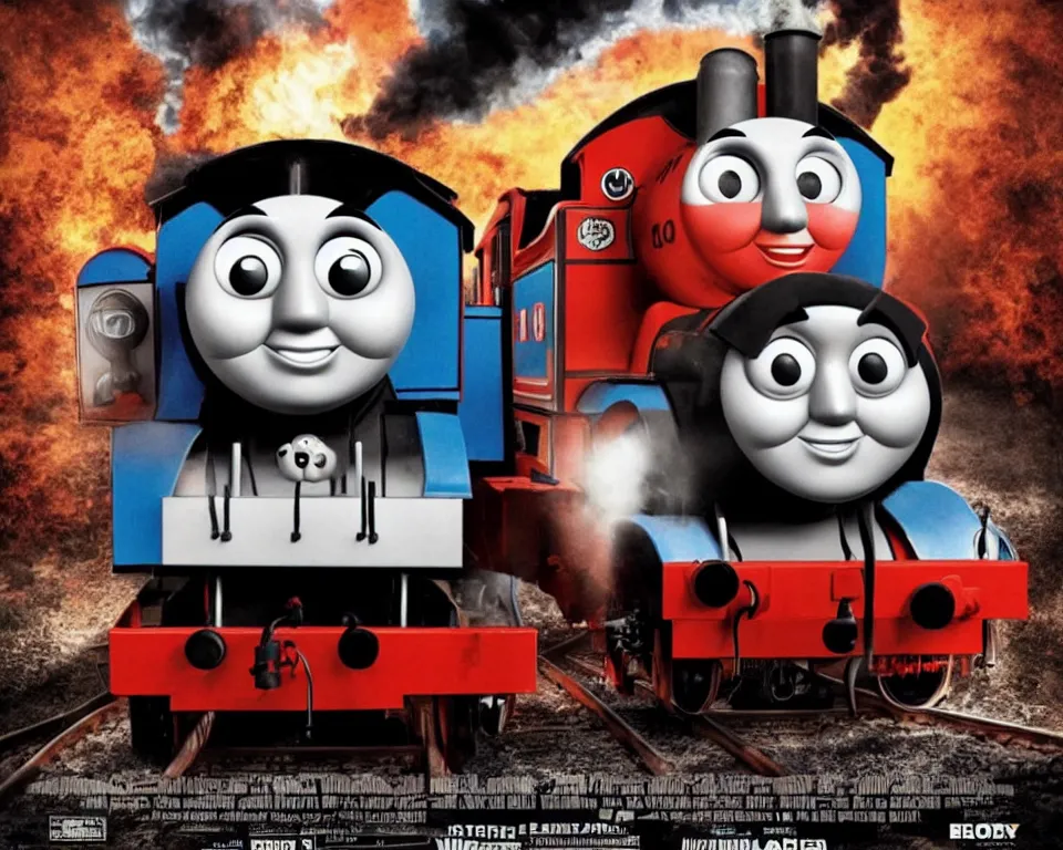 Image similar to a horror movie poster featuring Thomas The Tank Engine