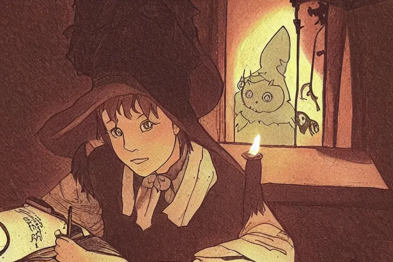 Prompt: a young witch writing in her spellbook halloween, over the shoulder angle, studio ghibli, warm, earthy tones, lit by candlelight, mucha