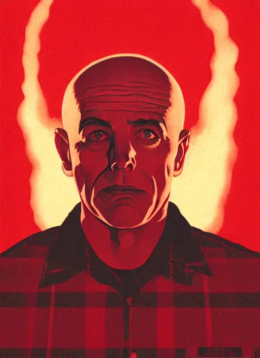 Image similar to Twin Peaks poster artwork by Michael Whelan and Bob Larkin, of portrait of Joe Rogan in red flannel, spotlight from the sky shining on him, from scene from Twin Peaks, clean, simple illustration, nostalgic, domestic