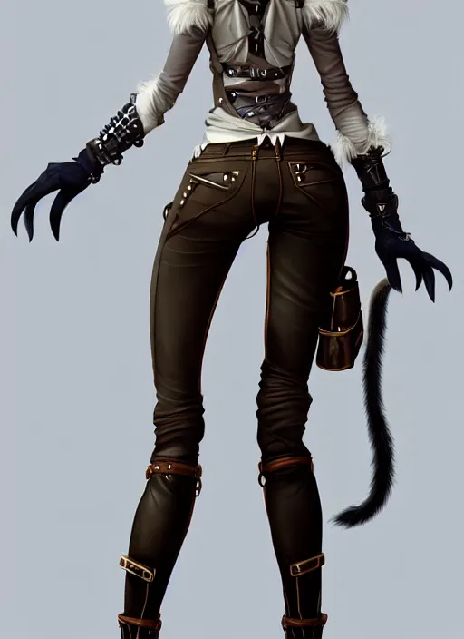 Image similar to wide angle beautiful full body portrait of a strong female anthropomorphic anthro lynx fursona wearing a steampunk leather pants. from behind, character design by disney, anime, manga, charlie bowater, ross tran, artgerm, and makoto shinkai, detailed, soft lighting, rendered in octane, white fur