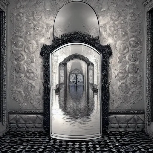Prompt: hyperrealistic random objects in a surreal dreamscape environment by salvador dali, highly detailed, 3 d render, vray, octane, realistic lighting, photorealistic, colorful, intricate, elegant, wayne barlowe, water, mirrors, doorway, beautiful, masterpiece, trending on artstation, artgerm, black and white checkered floor