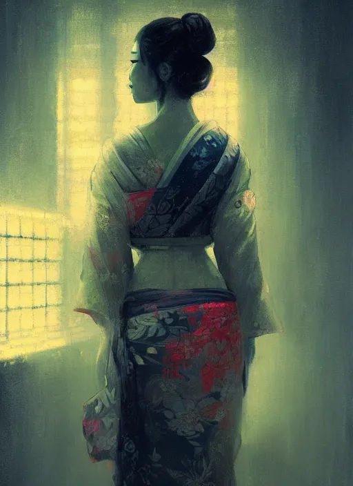 Image similar to female geisha girl, beautiful face, neon, rule of thirds, intricate outfit, spotlight, by greg rutkowski, by jeremy mann, digital painting