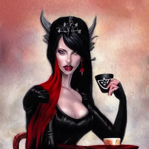 Prompt: fantasy painting of a beautiful dark princess, style of gerald brom, dark hair, black and red dress, blue eyes, sitting on a dark wooden throne, drinking coffee