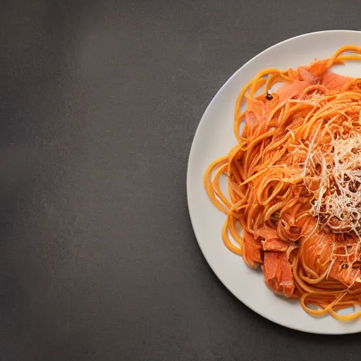 Image similar to spaghetti topped with a blend of smoked salmon and turkey, 8 k resolution, food photography, studio lighting, sharp focus, hyper - detailed