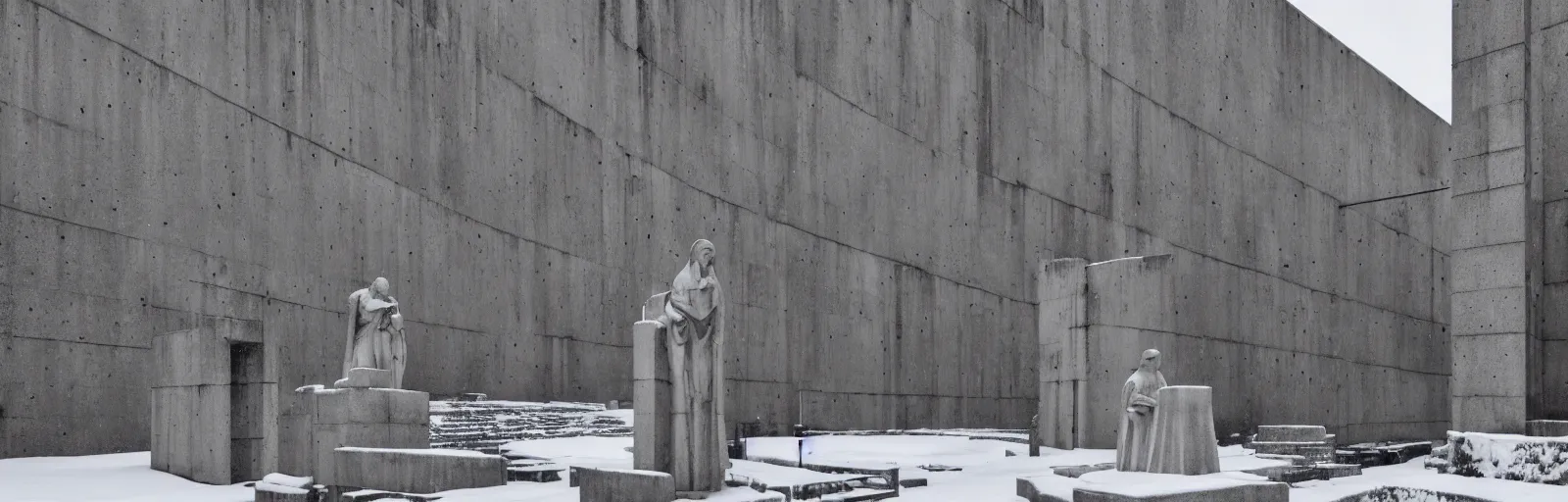 Image similar to snow falling on brutalist monastery, the monastery is on top of a black snowy mountain, the concrete monastery has walkways, skybridges, stairways, white marble statues on pedestals in the background, depth of field, sharp focus, clear focus, beautiful, award winning architecture, hopeful, quiet, calm, serene