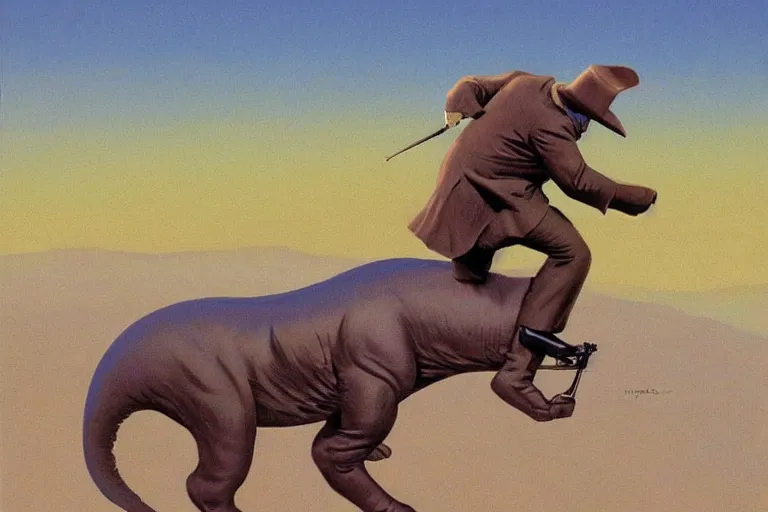 Prompt: Winston Churchill riding a T-Rex, painting by Jean Giraud and René Magritte
