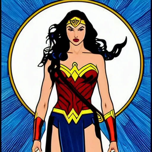 Image similar to gal gadot as wonder woman, mucha style,