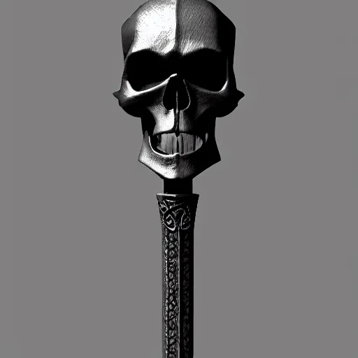 Image similar to a black sword skull handle, ornament, weapon, a 3 d render by dom qwek, studio lighting, front side view, trending on polycount, hard surface modeling, rendered in maya, 3 ds max, blender, artstation hd, vray