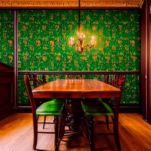 Prompt: beautiful 35mm footage landscape photography of a old Victorian Dining room, wood, green black gold brown colors, ornate wallpaper, stylistic furniture, window open to dark forest at night, wide-angle lens, detailed