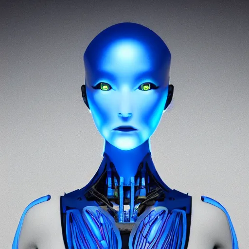 Prompt: womanized humanoid robot made of steel, beautiful face!!, short blue hair!, big breasts!, symmetrical!!, anatomically correct, futuristic, glowing details!, unreal engine 5, ray tracing, 8 k, uhd, ultrarealistic, clear, smooth, sharp, extremely detailed