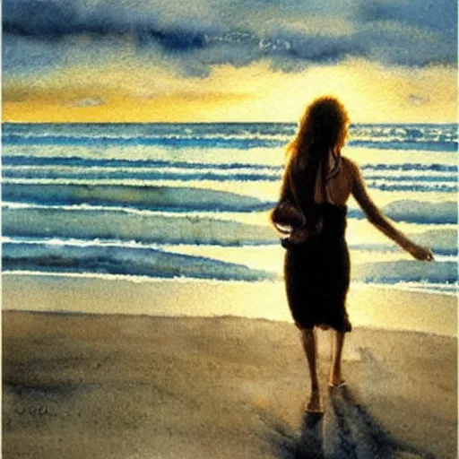 Prompt: a woman walking by the beach at sunset, photorealistic watercolor by Steve Hanks