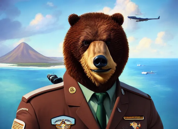 Image similar to character portrait feature of the anthro male anthropomorphic kamchatka brown bear fursona wearing airline pilot outfit uniform professional pilot for the us air force character design stylized by charlie bowater, ross tran, artgerm, and makoto shinkai, detailed, soft lighting, rendered in octane, maldives in background