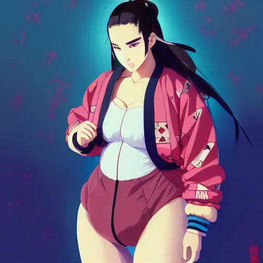 Image similar to a beautiful plus sized model japanese natalie portman, alluring, wearing oversized mayan bomber jacket and leotard with overalls, bulky poofy bomber jacket with mayan patterns, aztec street fashion, gapmoe yandere grimdark, trending on pixiv fanbox, painted by greg rutkowski makoto shinkai takashi takeuchi studio ghibli, akihiko yoshida